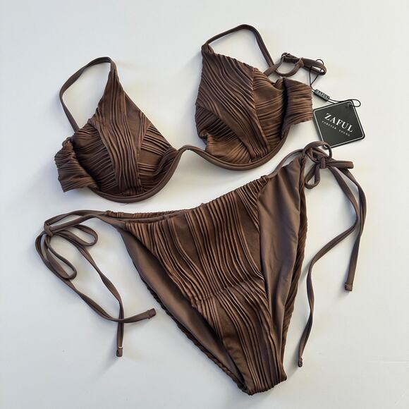 zaful brown bikini set size large textured push up top tie side bottoms nwt - Picture 1 of 8